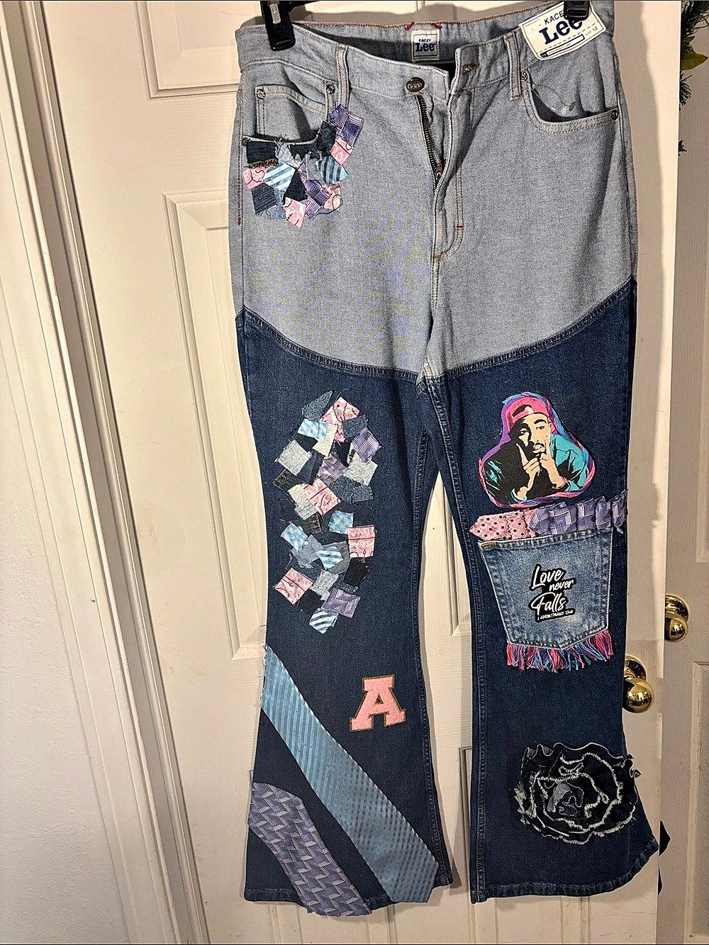 Lee High Rise Flare Patchwork Jeans Waist size 12. Slim fit